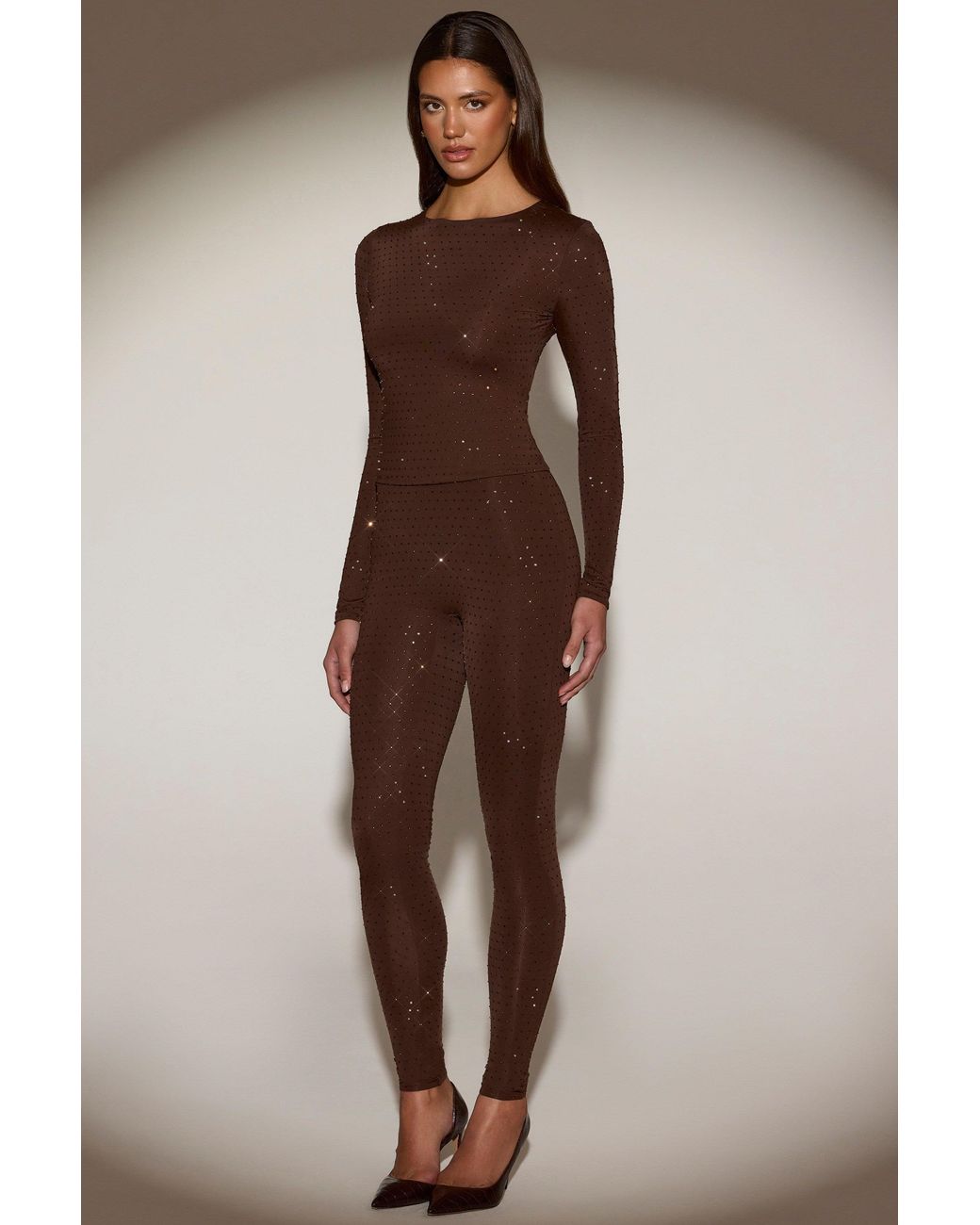 Oh Polly Brown Embellished Crew-Neck Long-Sleeve Top