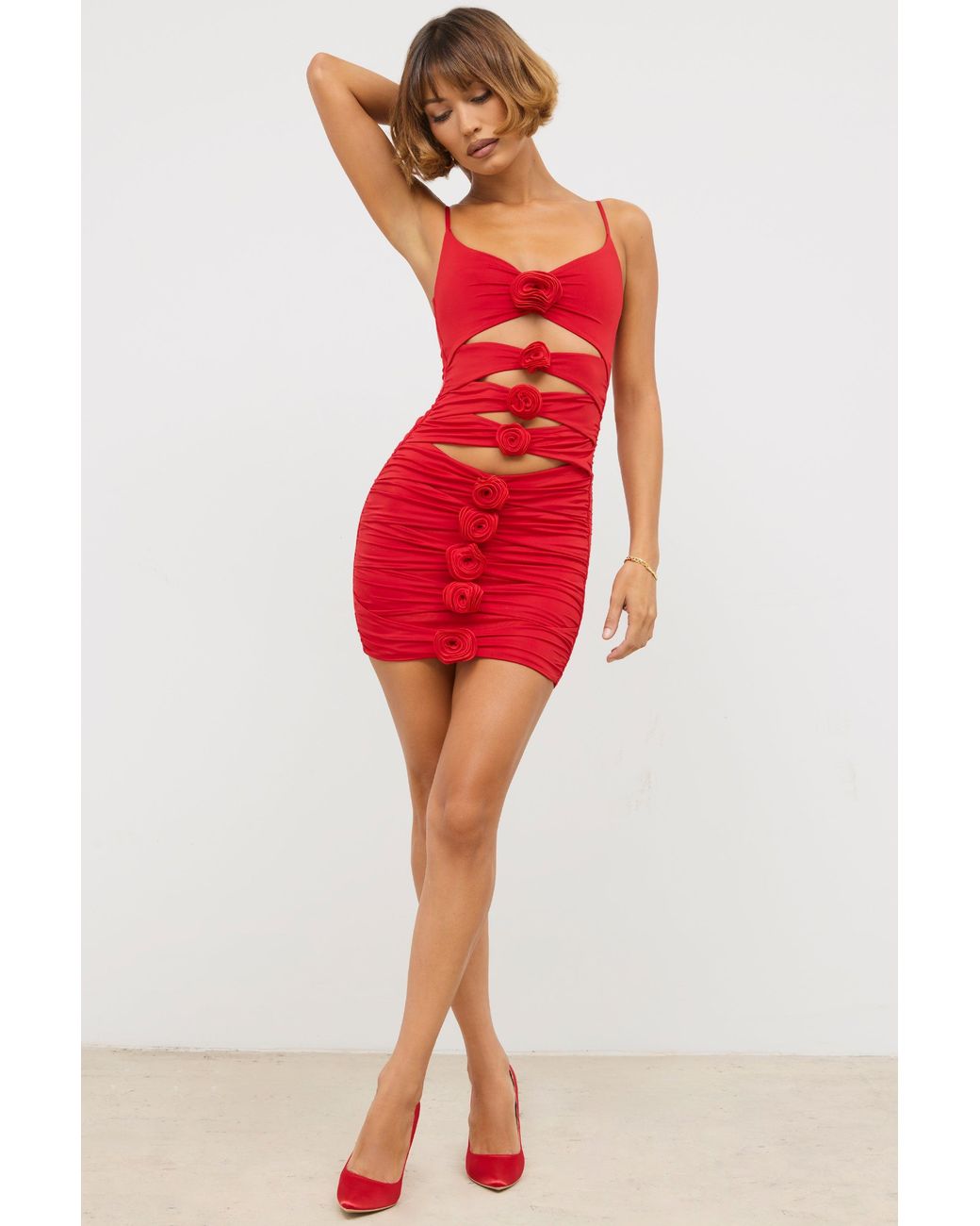 Oh Polly Red Slinky Jersey Rose Detail Cut Out Mini Dress