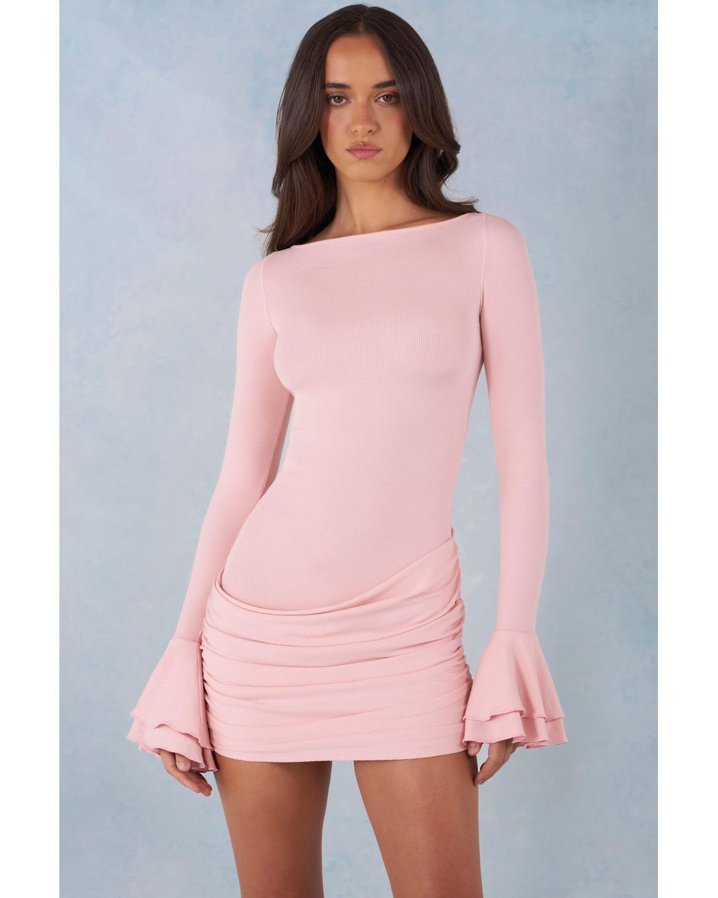 Oh Polly Pink Ribbed Modal Long-Sleeve Draped Mini Dress