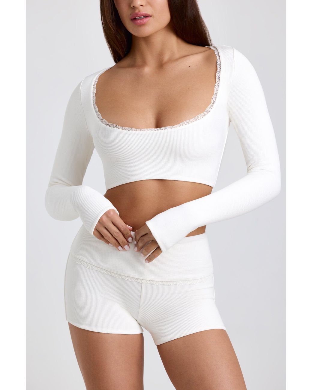 Oh Polly White Ribbed Modal Lace-Trim Crop Top