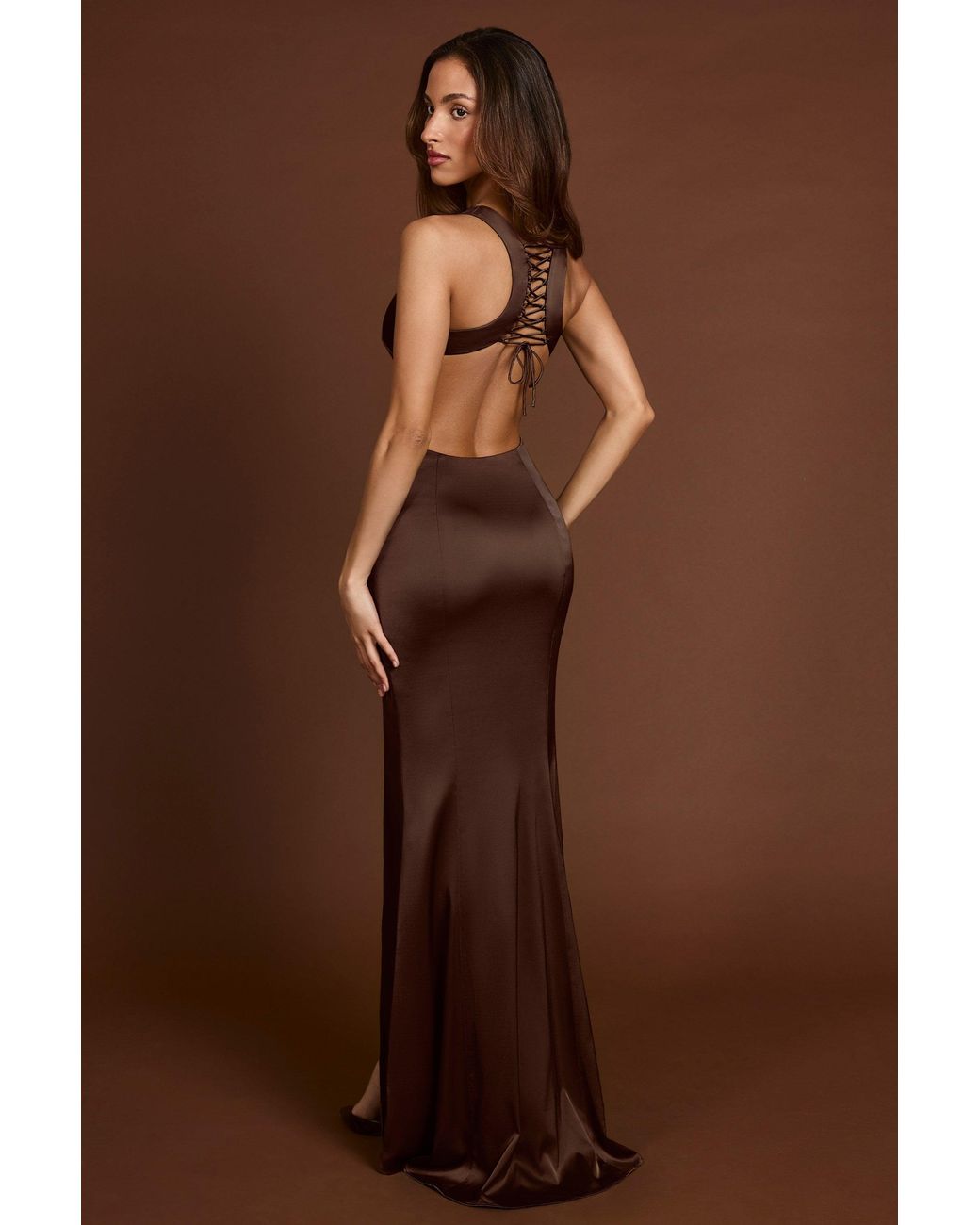 Oh Polly Brown Scoop-Neck Lace-Up Back Maxi Dress