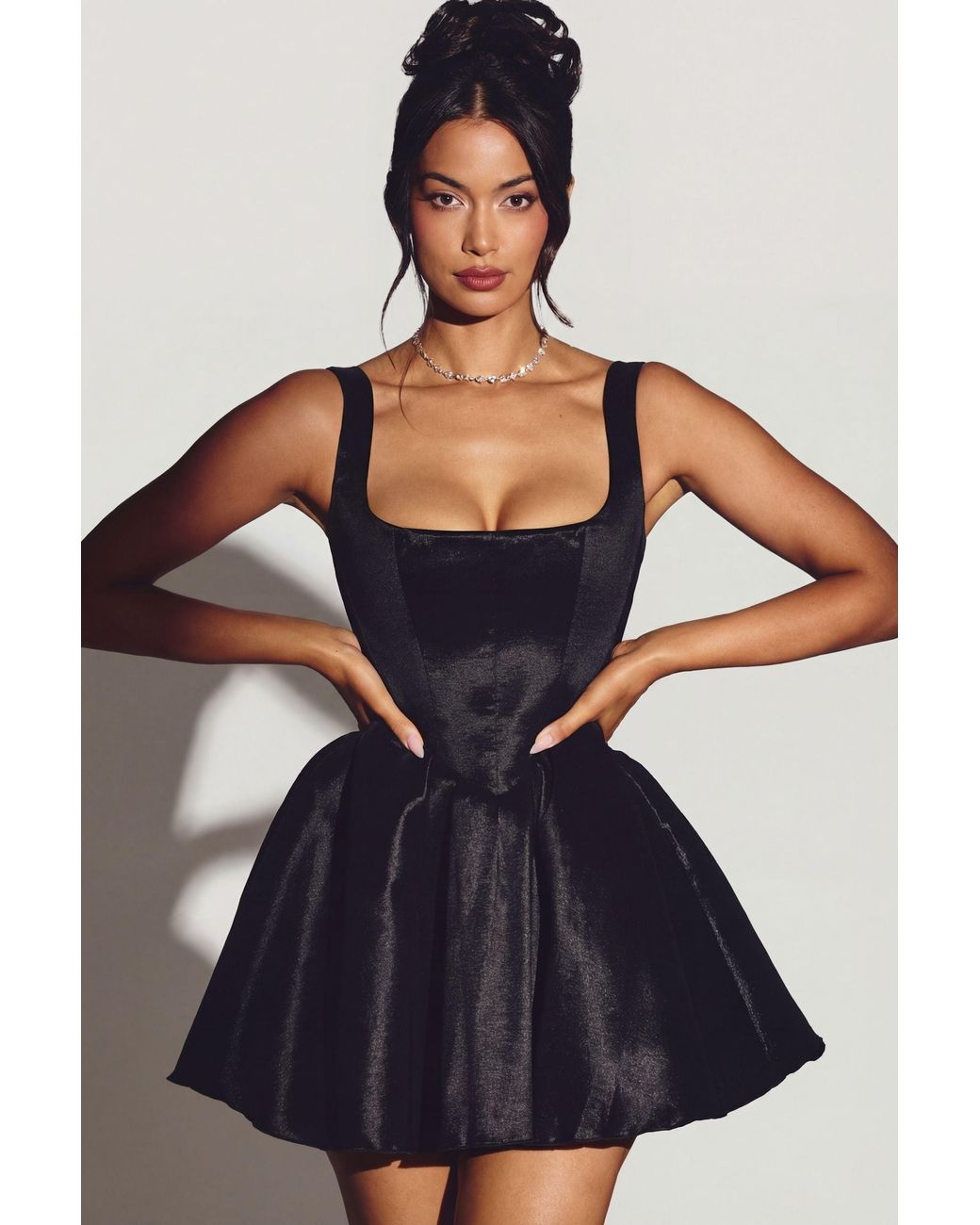 Oh Polly Black Woven Taffeta Corset Mini Dress