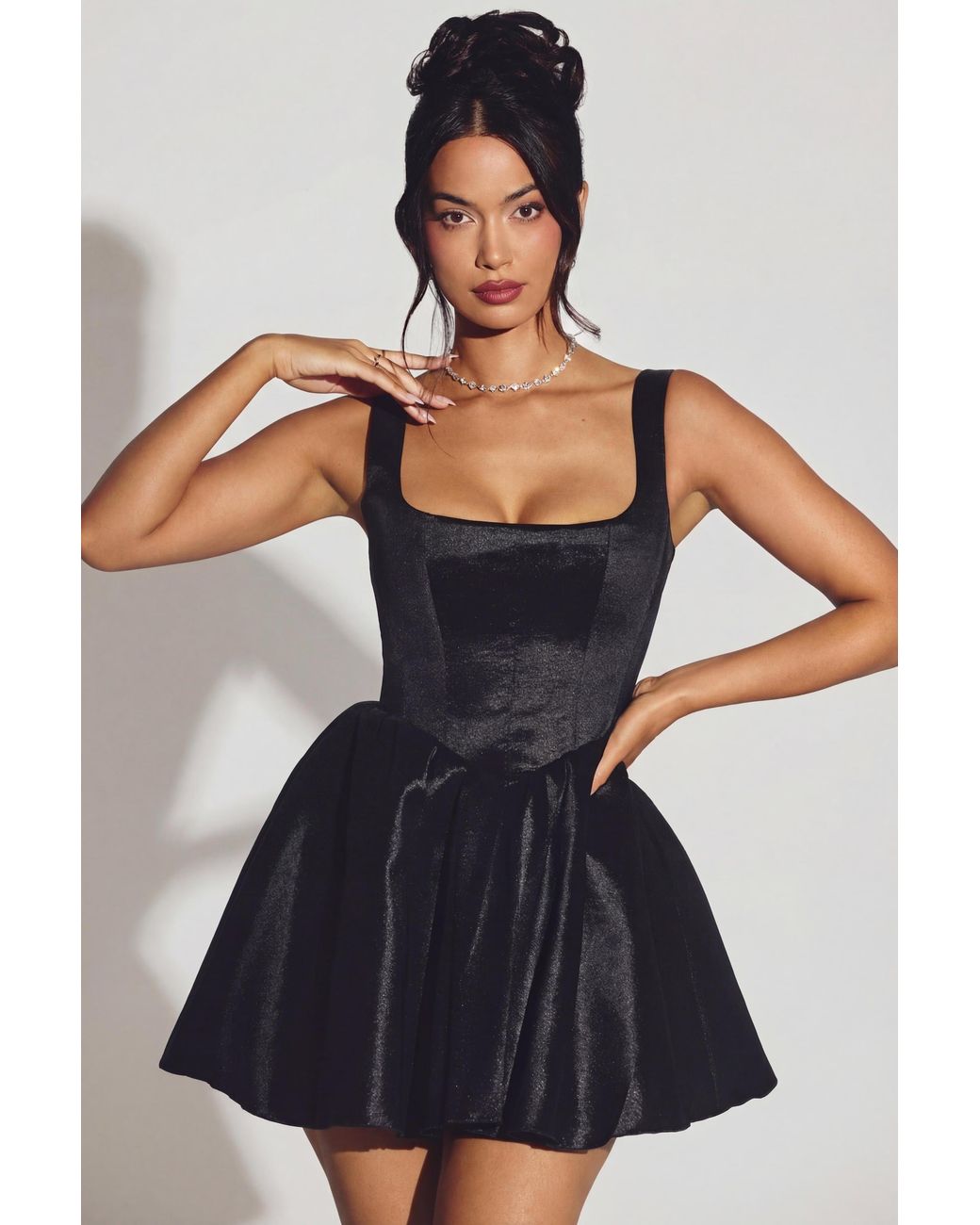 Oh Polly Black Woven Taffeta Corset Mini Dress
