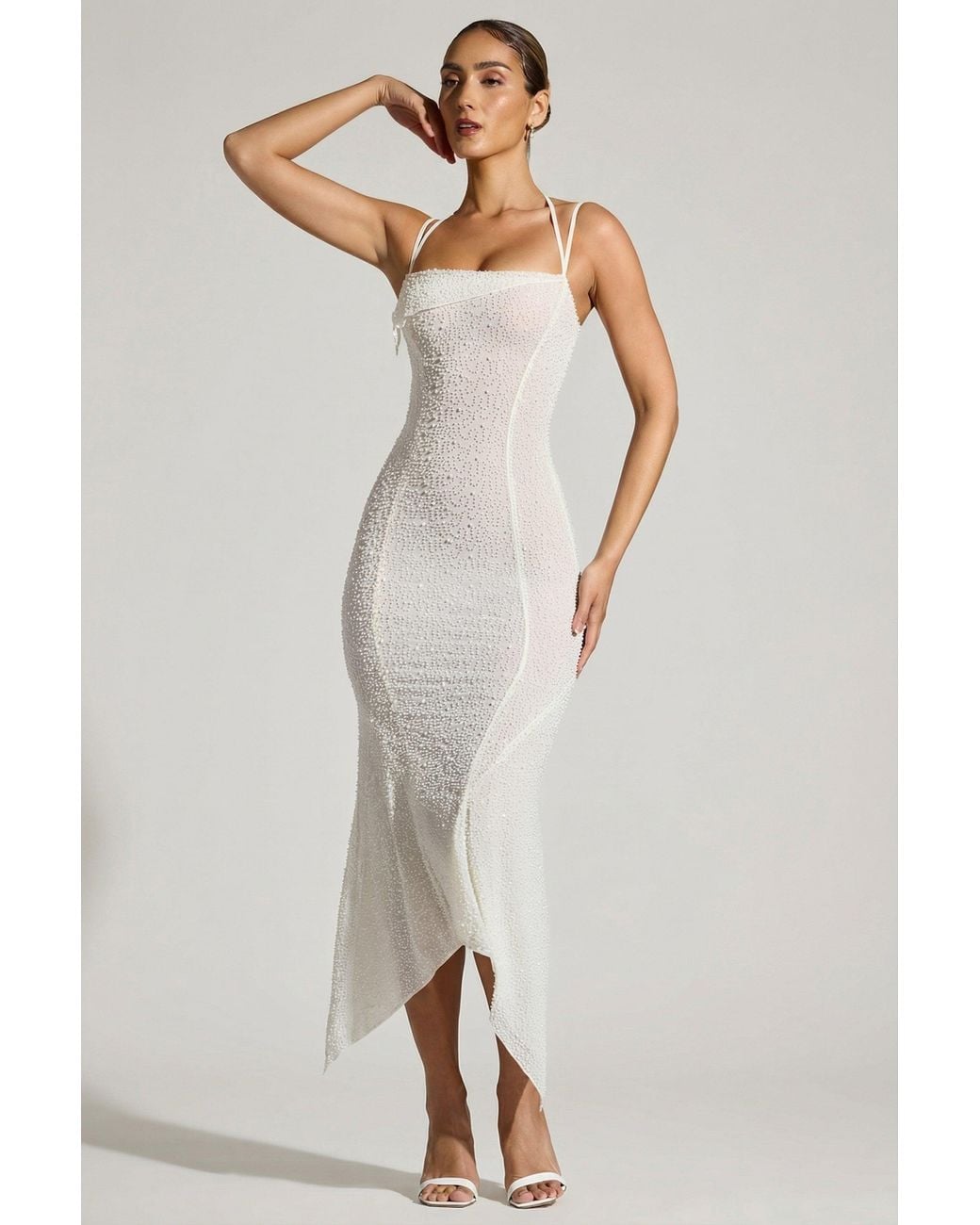 Oh Polly White Embellished Handkerchief Hem Maxi Dress