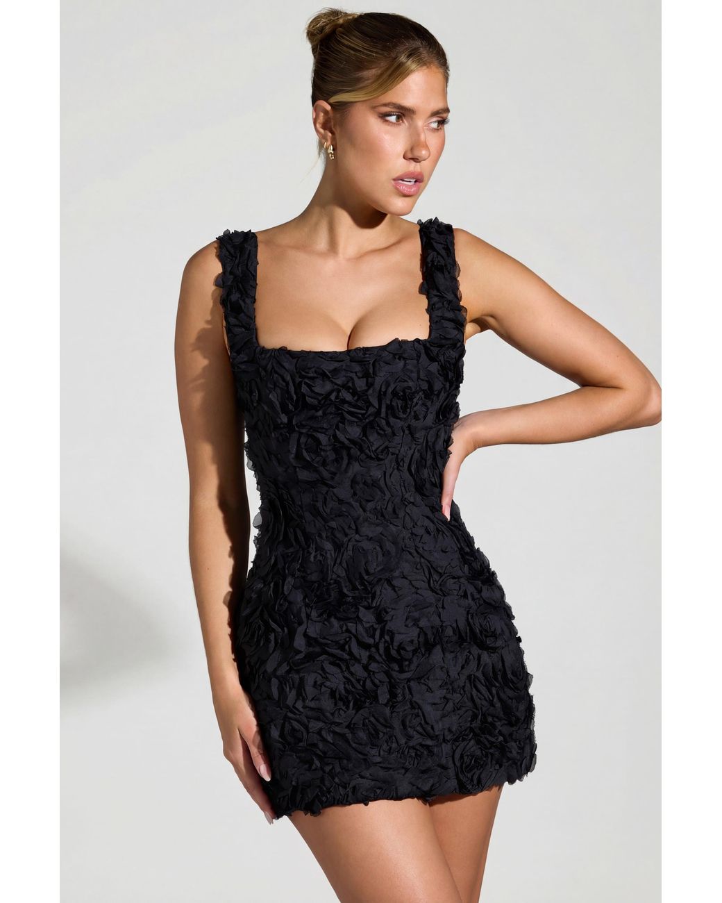 Oh Polly Black Floral-Appliqué Square-Neck Corset Mini Dress