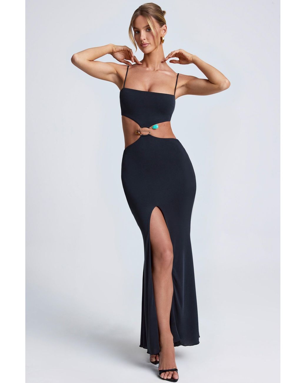 Oh Polly Black Hardware Detail Cut-Out Maxi Dress