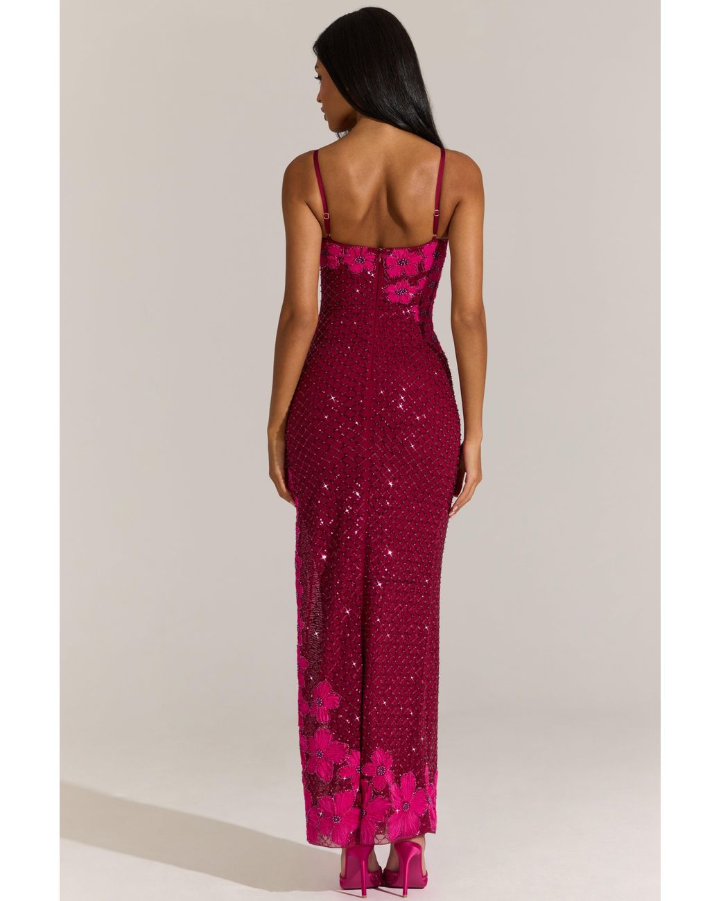 Oh Polly Red Embellished Square-Neck Maxi Dress