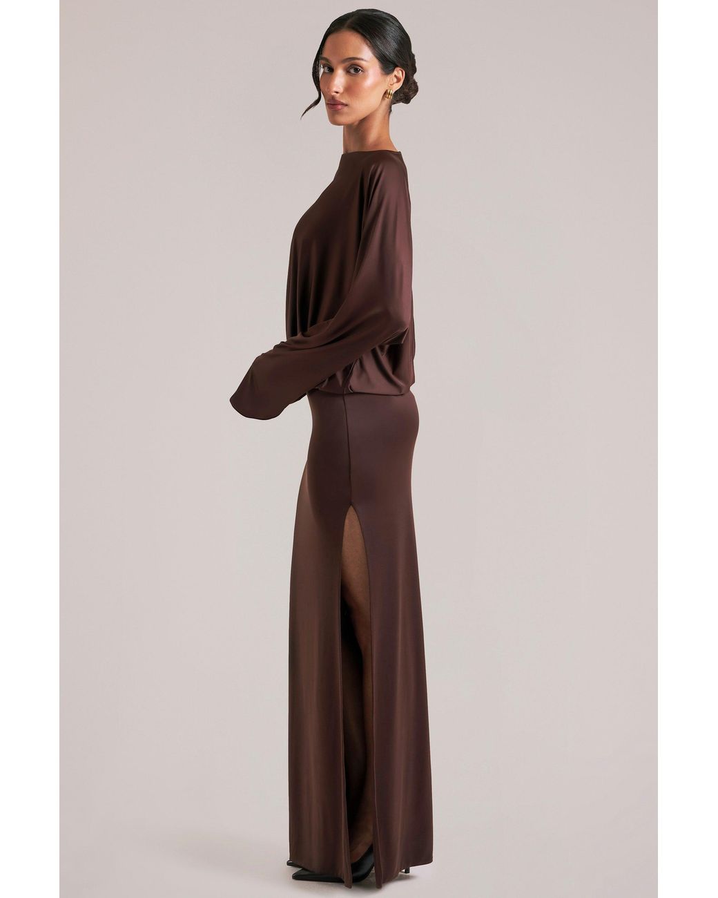Oh Polly Brown Long-Sleeve Draped Maxi Dress