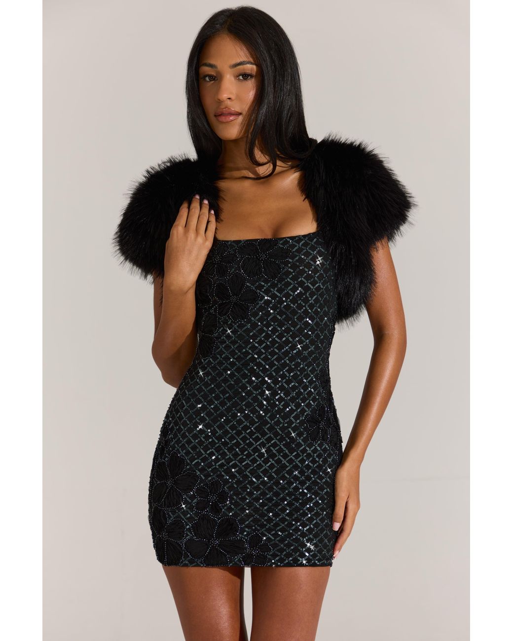 Oh Polly Black Faux-Fur Short Sleeve Bolero