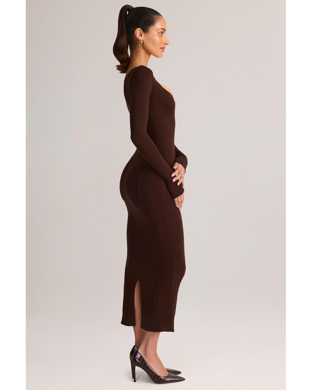 Oh Polly Brown Modal Peekaboo Long-Sleeve Midi Dress