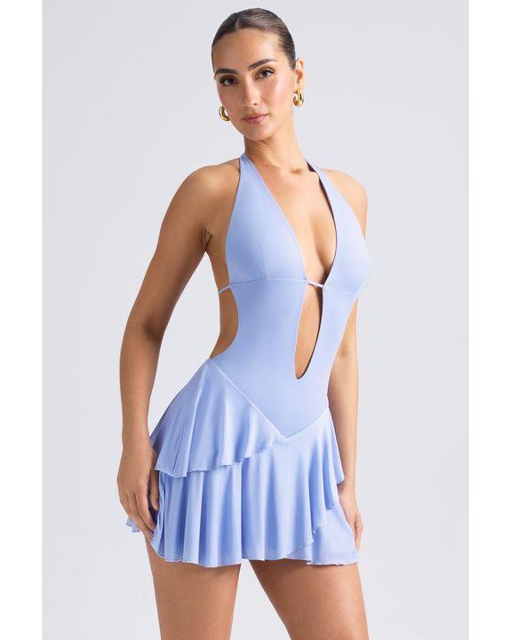 Oh Polly Blue Ruffled Cut-Out Halterneck Mini Dress