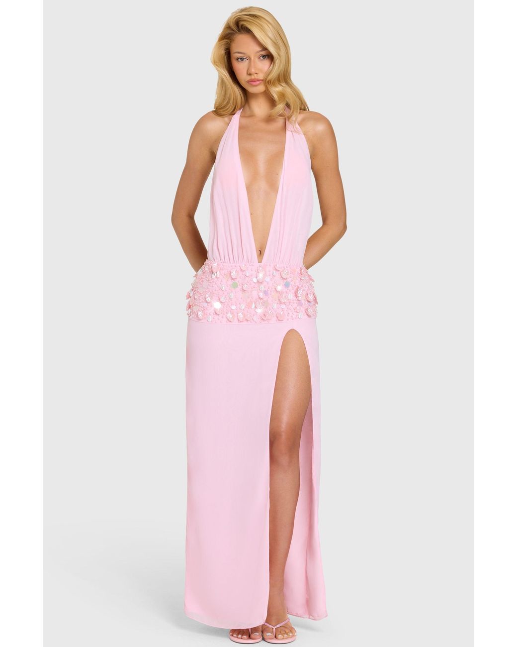 Oh Polly Pink Embellished Waist Maxi Dress