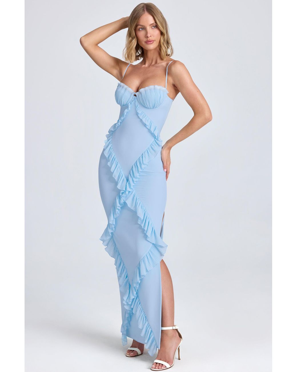 Oh Polly Blue Plissé Ruffle-Trim Maxi Dress
