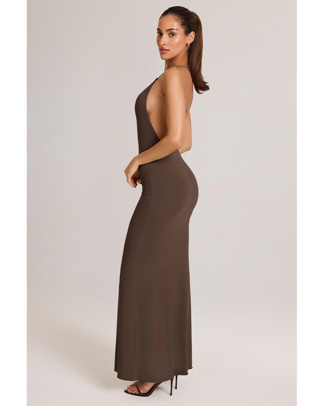 Oh Polly Brown Modal Plunge Backless Maxi Dress