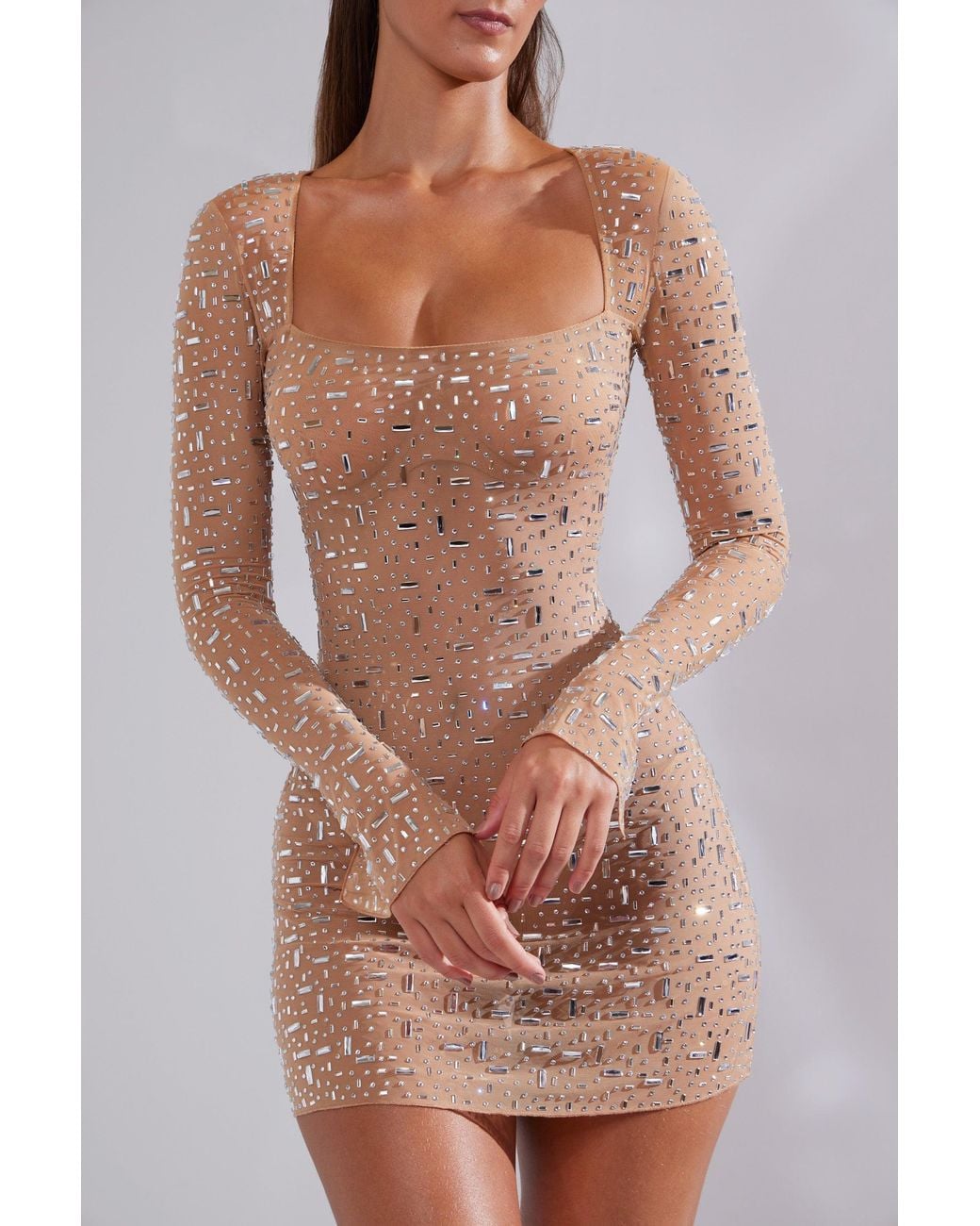 Oh Polly Natural Sheer Embellished Long Sleeve A-Line Mini Dress