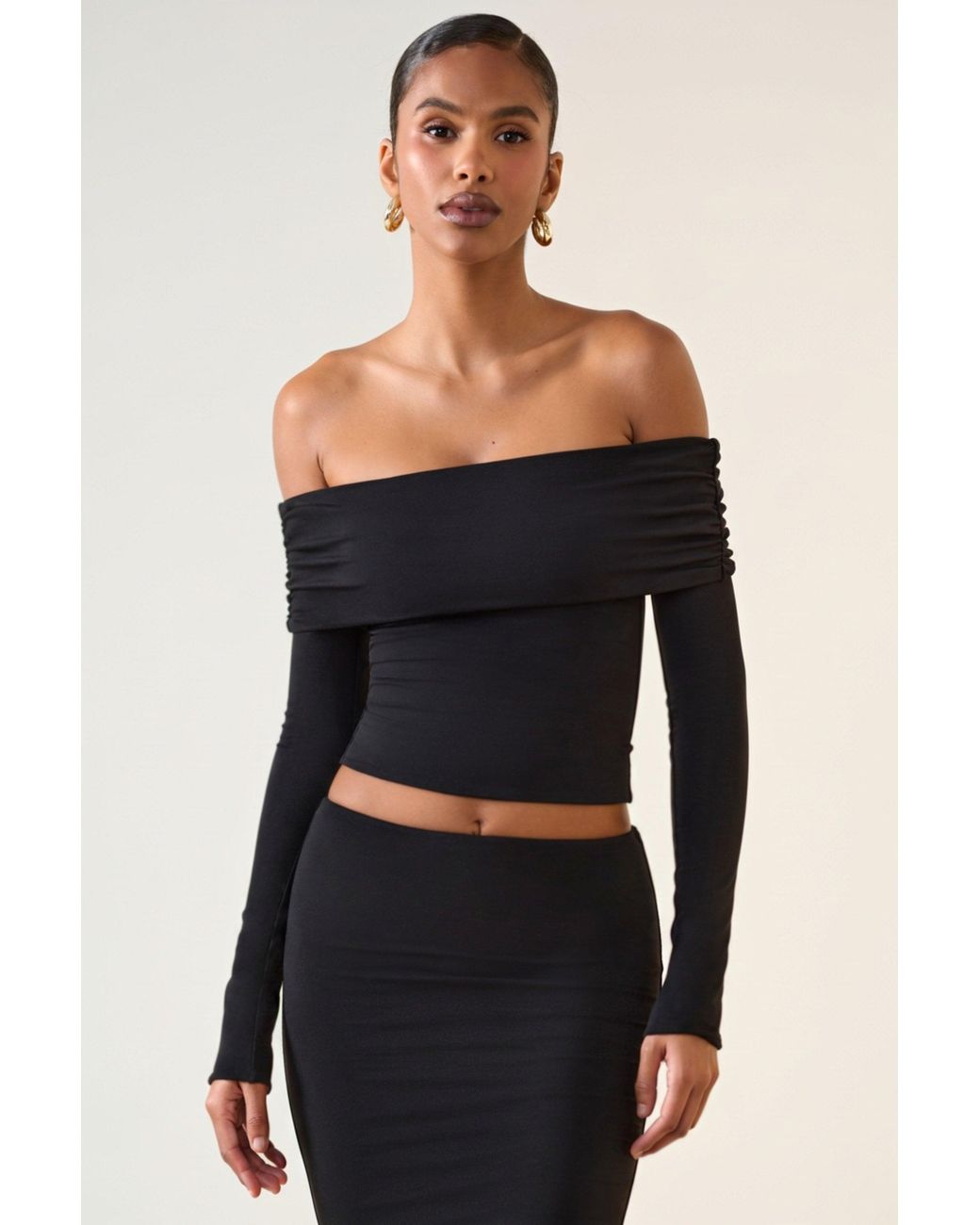 Oh Polly Black Modal Off-Shoulder Long-Sleeve Top