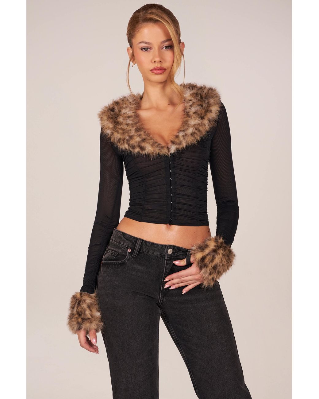 Oh Polly Black Faux Fur-Trim Sheer Mesh Cardigan