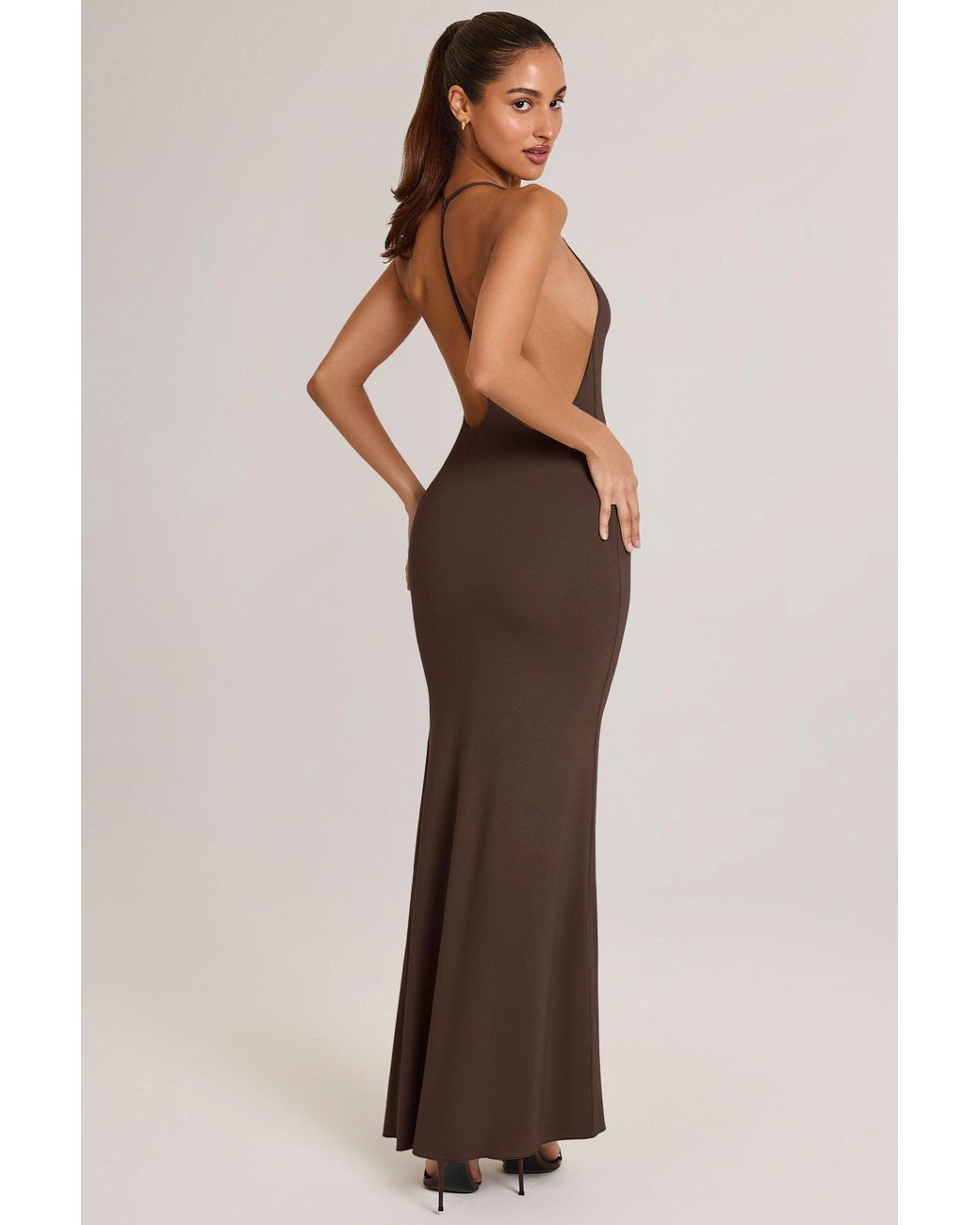 Oh Polly Brown Modal Plunge Backless Maxi Dress