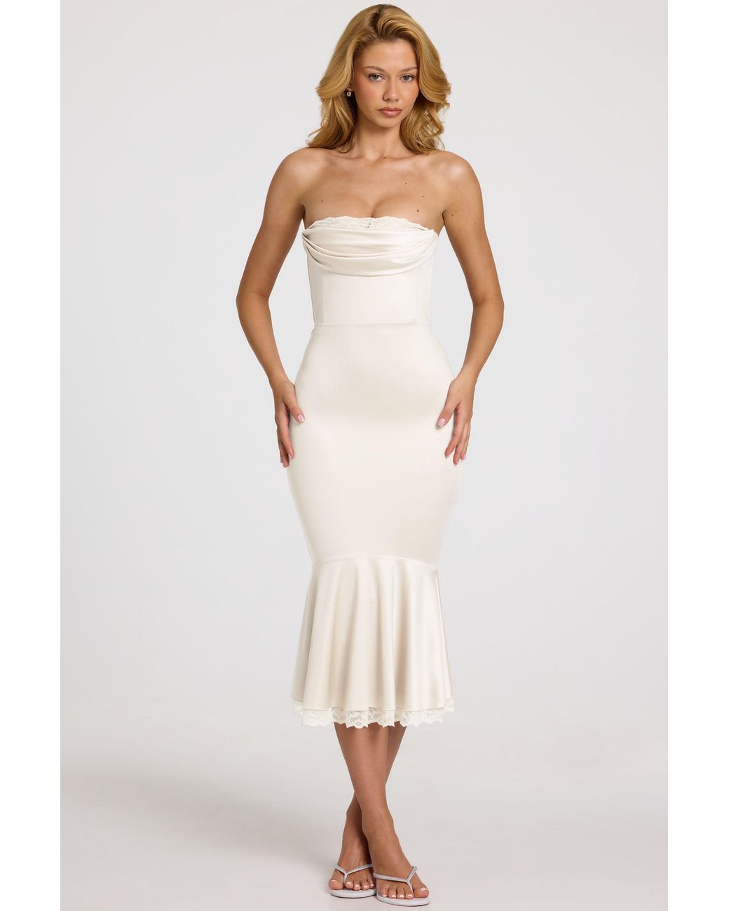 Oh Polly White Satin Lace-Trim Bandeau Fluted Midaxi Dress