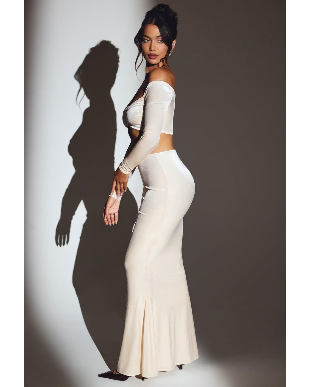 Oh Polly White Velvet Off-Shoulder Ruched Crop Top