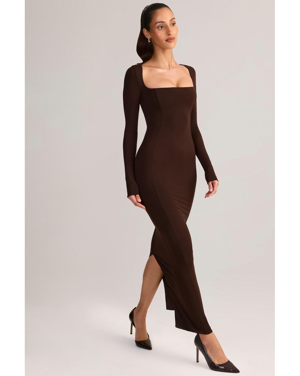 Oh Polly Brown Modal Square-Neck Bodycon Maxi Dress
