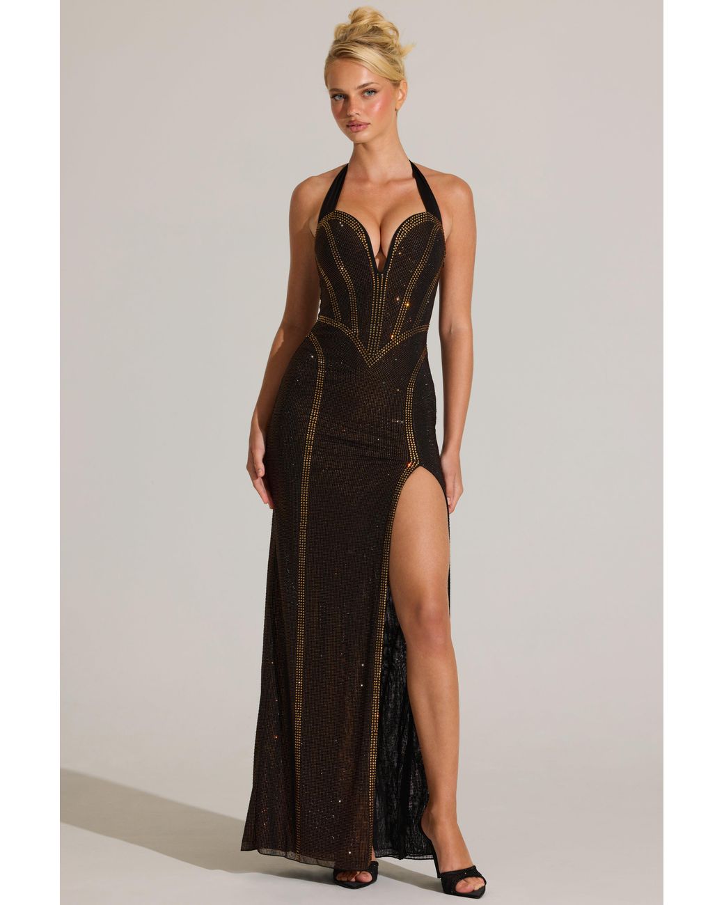 Oh Polly Multicolor Embellished Halterneck Maxi Dress