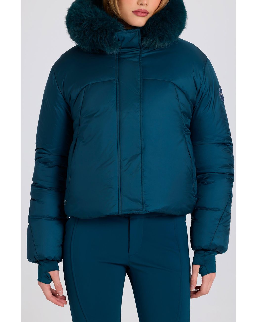 BO+TEE Blue Waterproof Faux-Fur Hood Cropped Ski Jacket