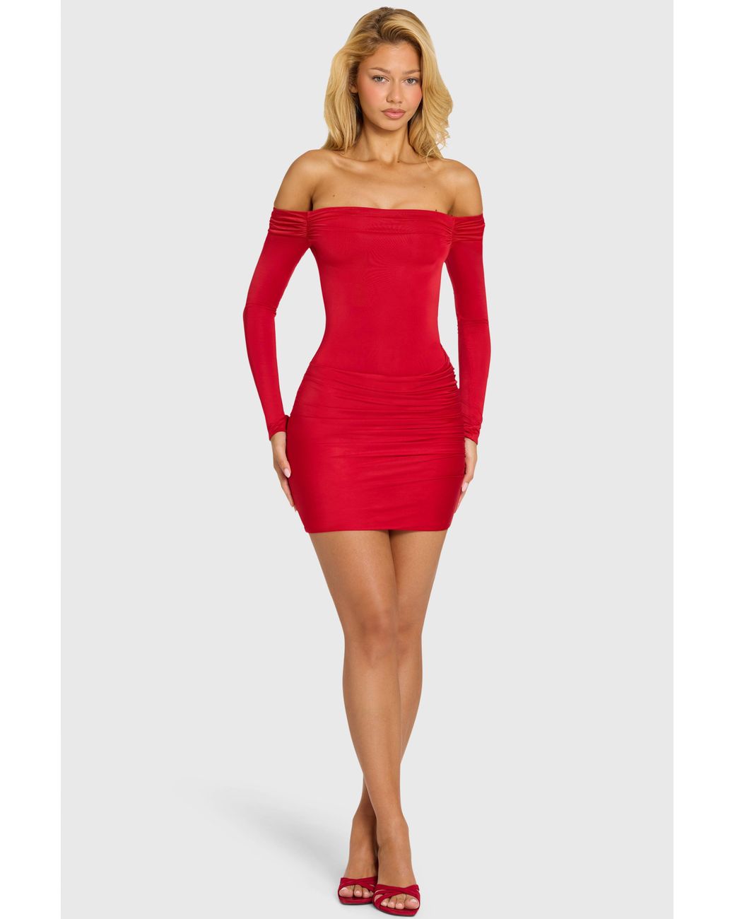 Oh Polly Red Off-Shoulder Long-Sleeve Mini Dress
