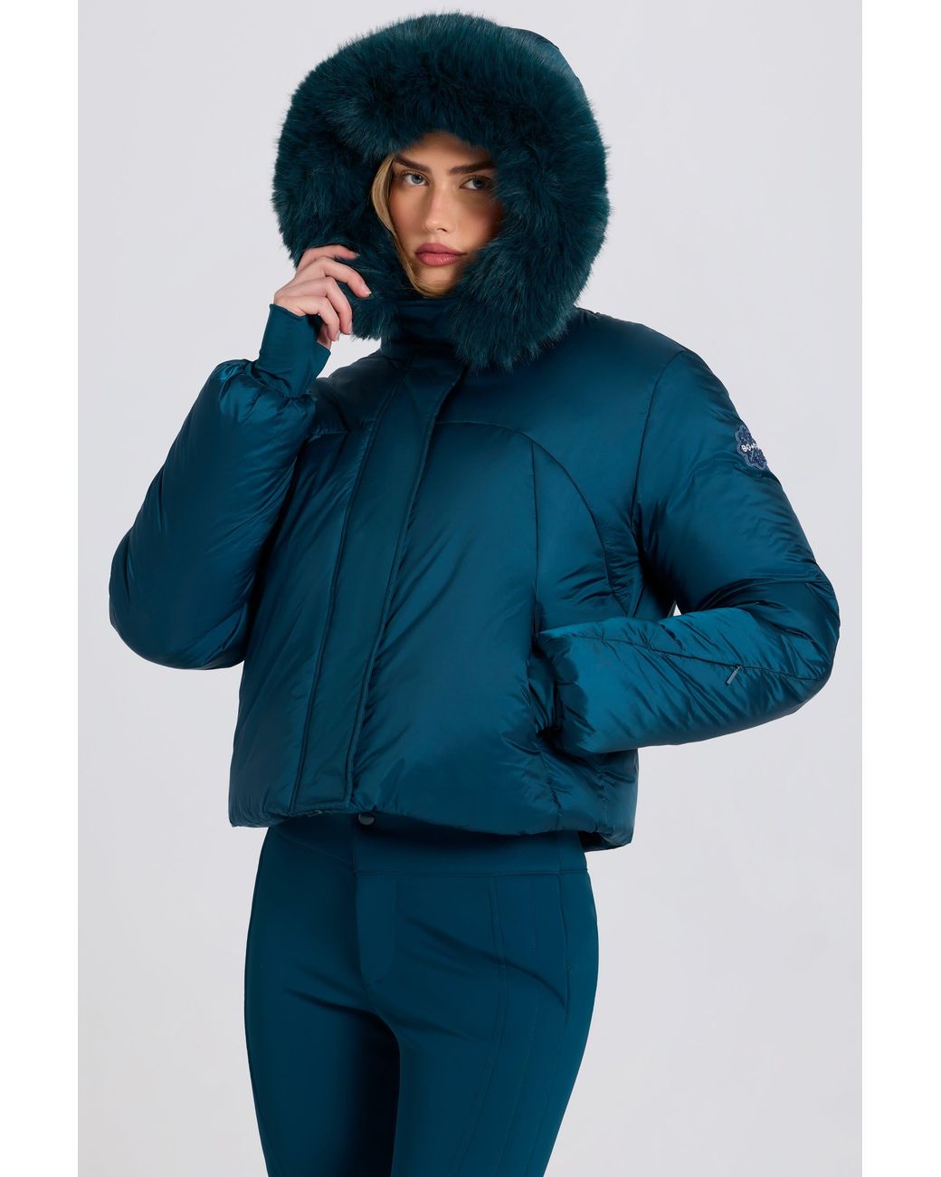 BO+TEE Blue Waterproof Faux-Fur Hood Cropped Ski Jacket