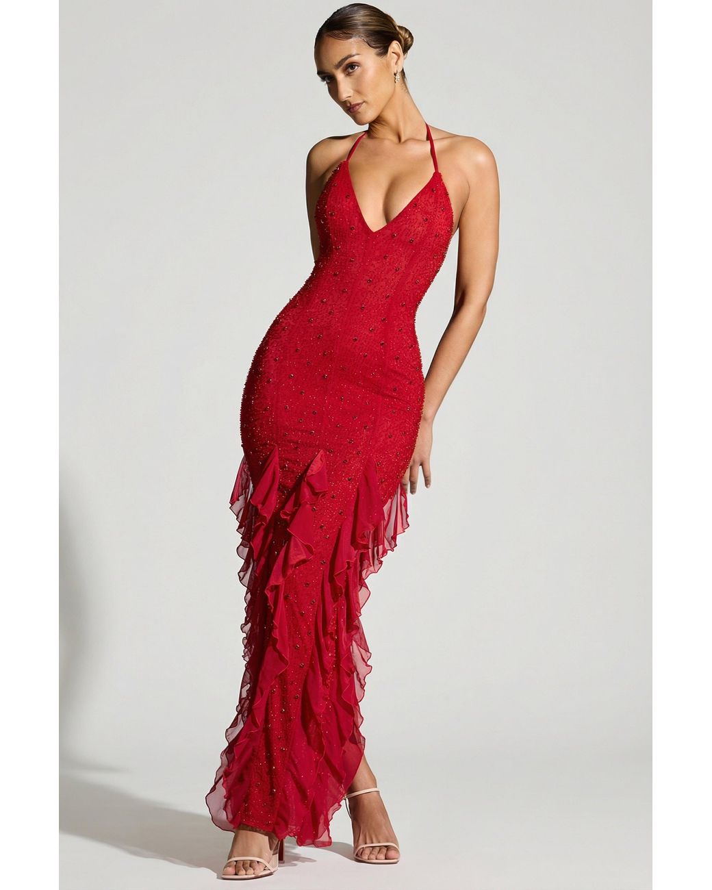 Oh Polly Red Embellished Halter Neck Ruffle Maxi Dress