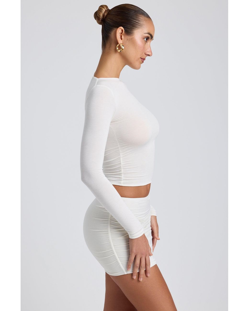 Oh Polly White Modal Ruched Long-Sleeve Top