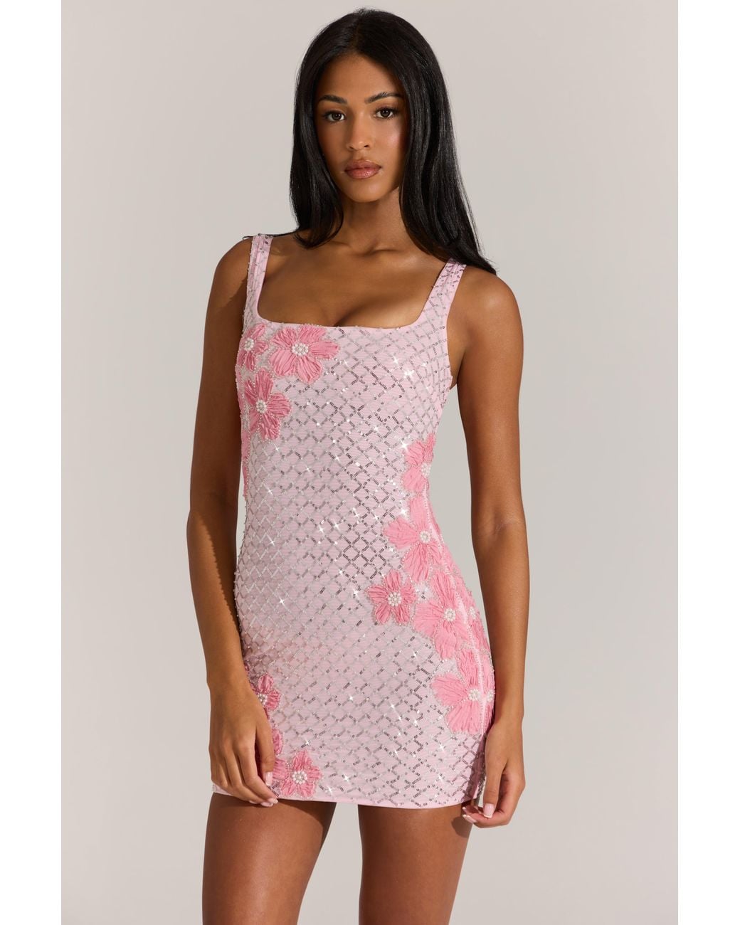 Oh Polly Pink Embellished Square-Neck Mini Dress