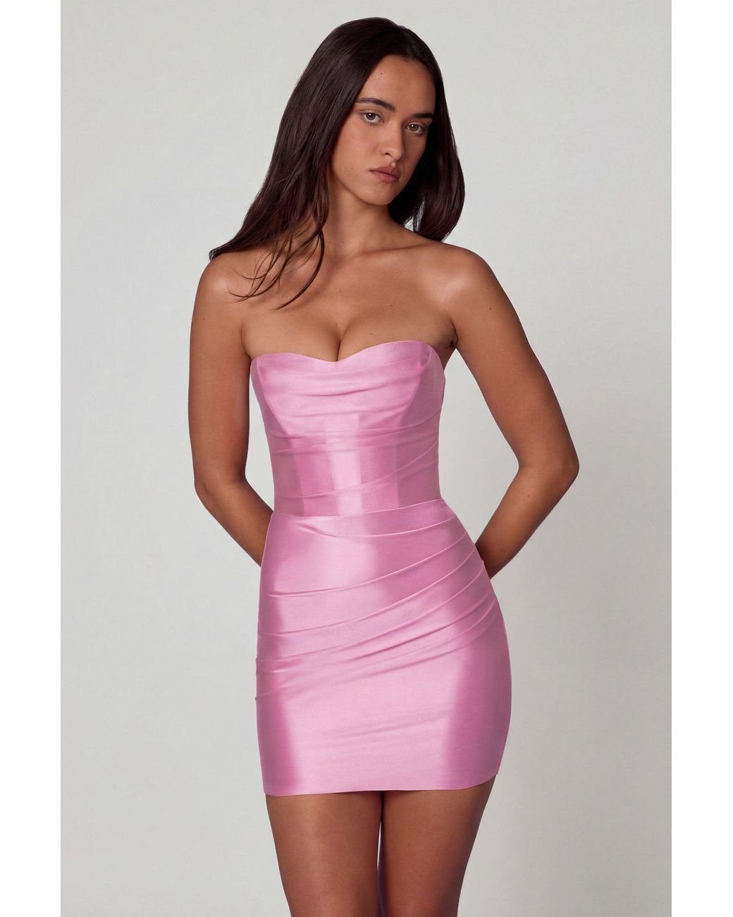 Oh Polly Pink Ruched Bandeau Mini Dress