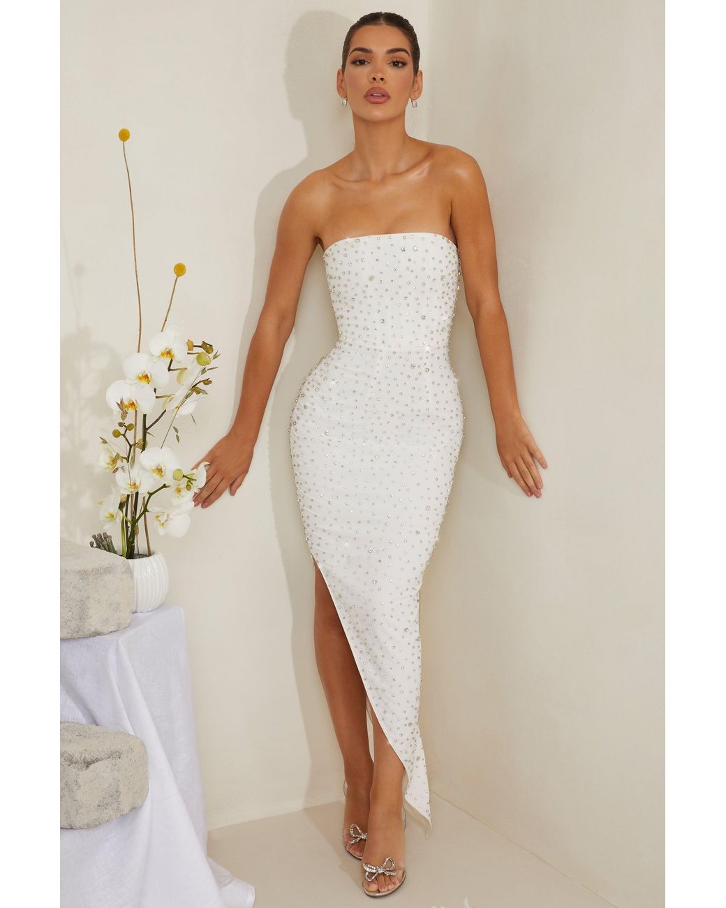 Oh Polly White Hand Embellished Asymmetric Midi Dress