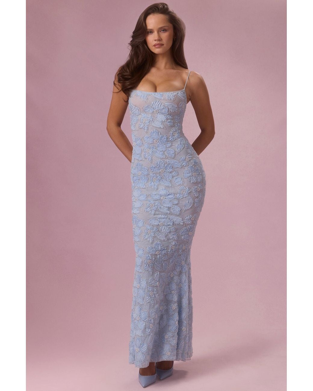 Oh Polly Blue Embellished Square Neck Maxi Dress