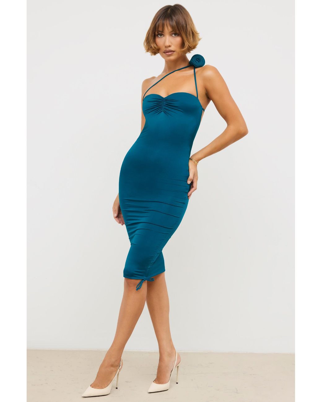 Oh Polly Green Slinky Jersey Rose Detail Ruched Mini/Midi Dress