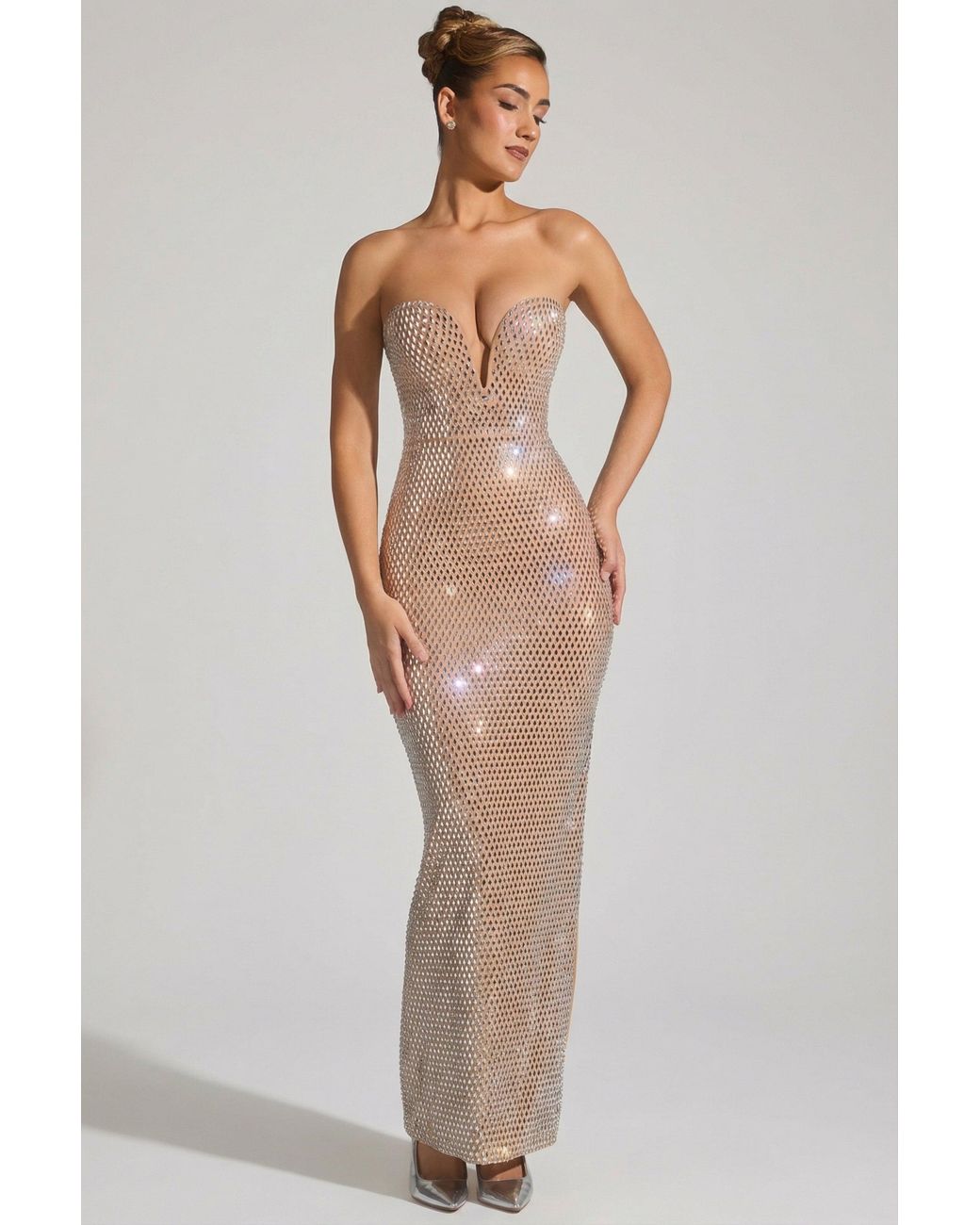 Oh Polly Natural Embellished Strapless Plunge Gown