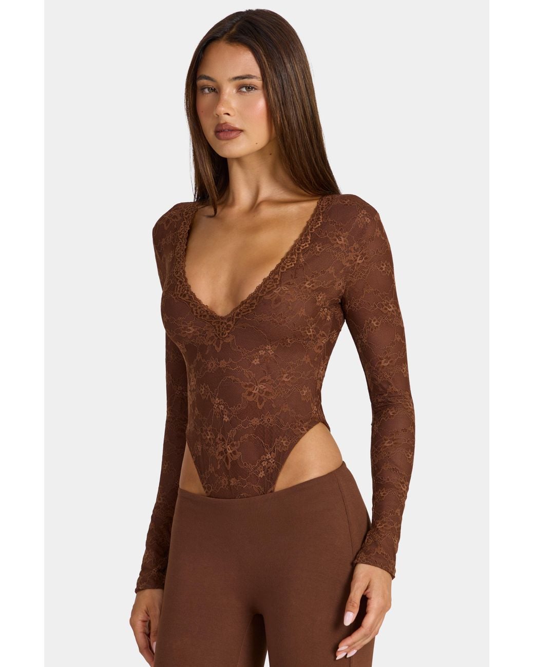 Oh Polly Brown Lace Long-Sleeve Bodysuit