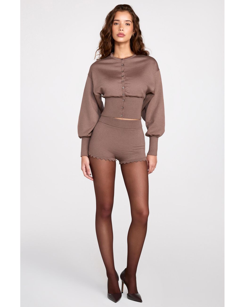 Oh Polly Brown Knit Mid-Rise Mini Shorts