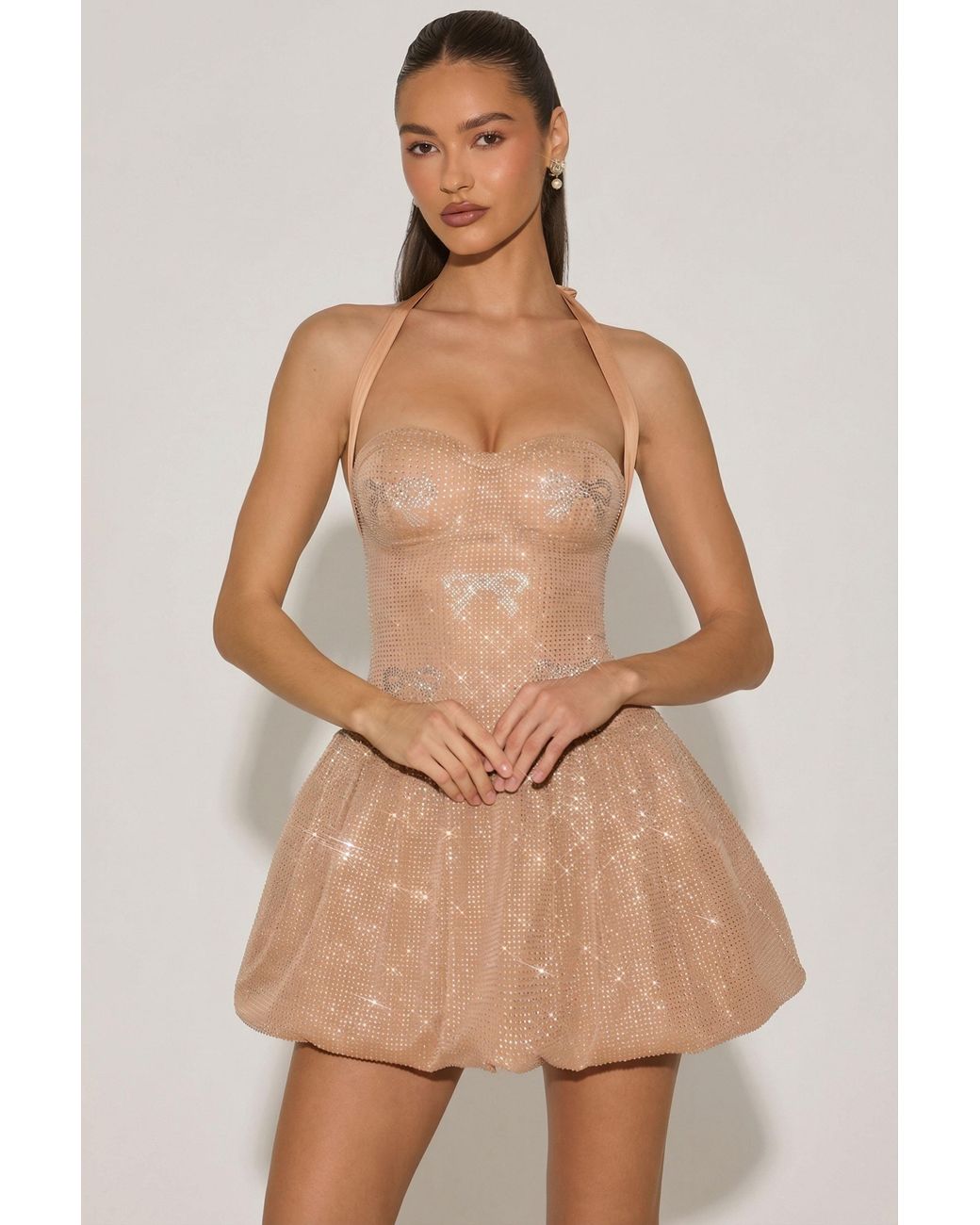 Oh Polly Natural Embellished Halterneck Bubble Hem Mini Dress