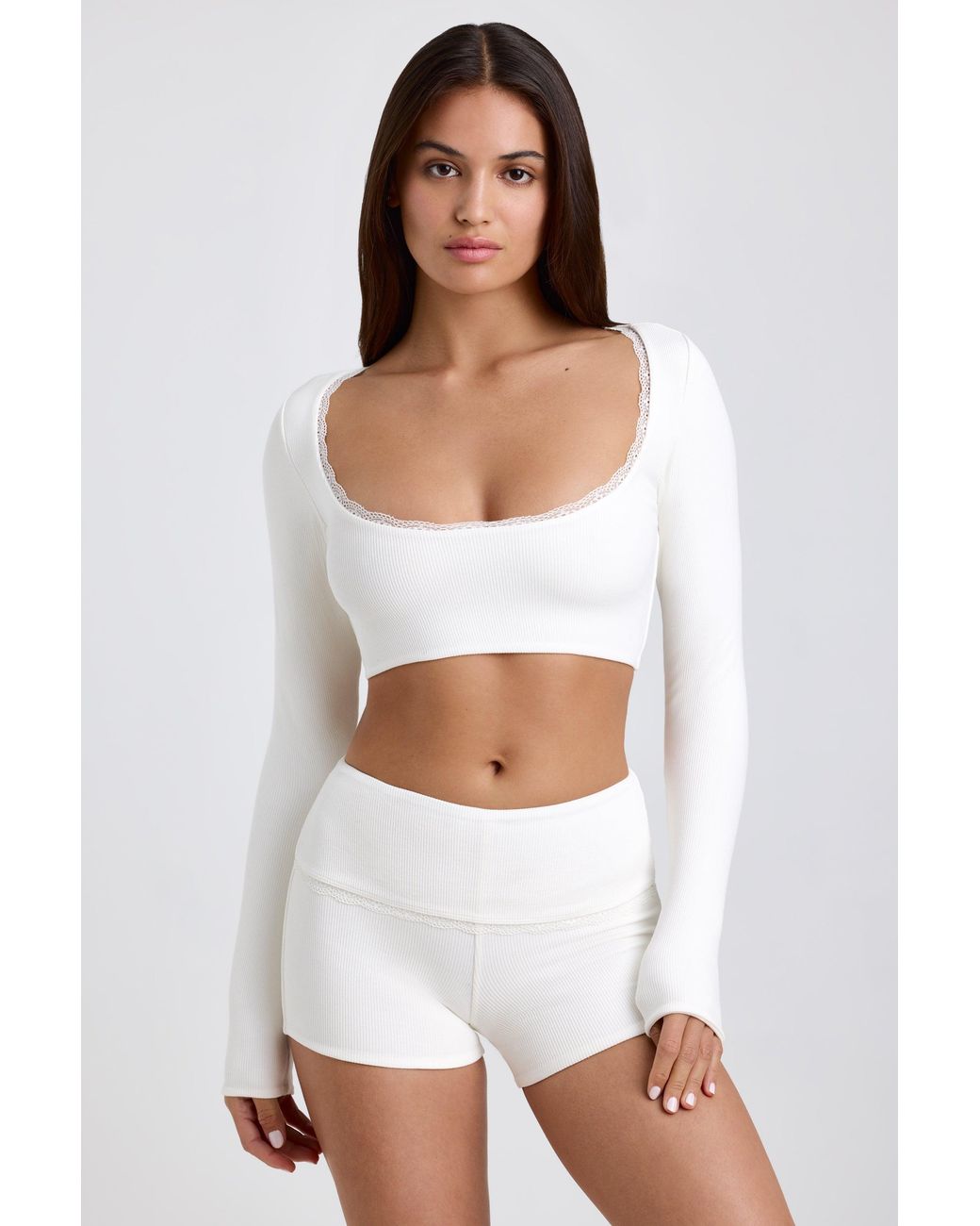 Oh Polly White Ribbed Modal Lace-Trim Crop Top