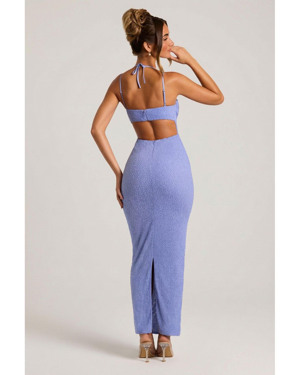 Oh Polly Blue Embellished Cowl Neck Maxi Dress