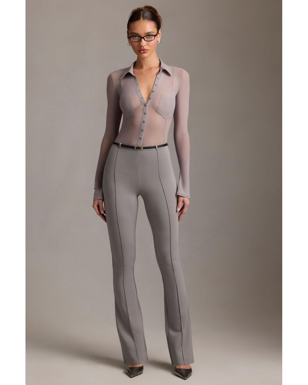 Oh Polly Gray Low-Rise Flared Trousers