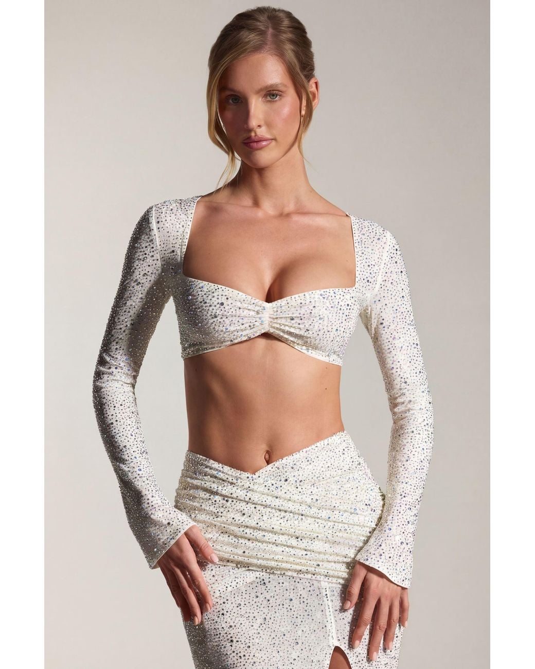 Oh Polly White Embellished Long-Sleeve Crop Top