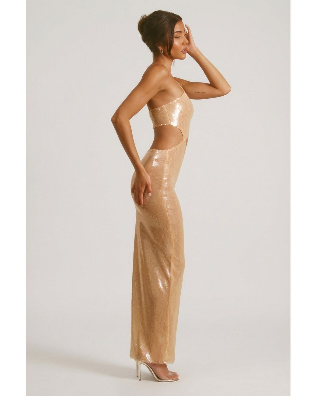Oh Polly Natural Sheer Sequin One Shoulder Cut Out Maxi Dress