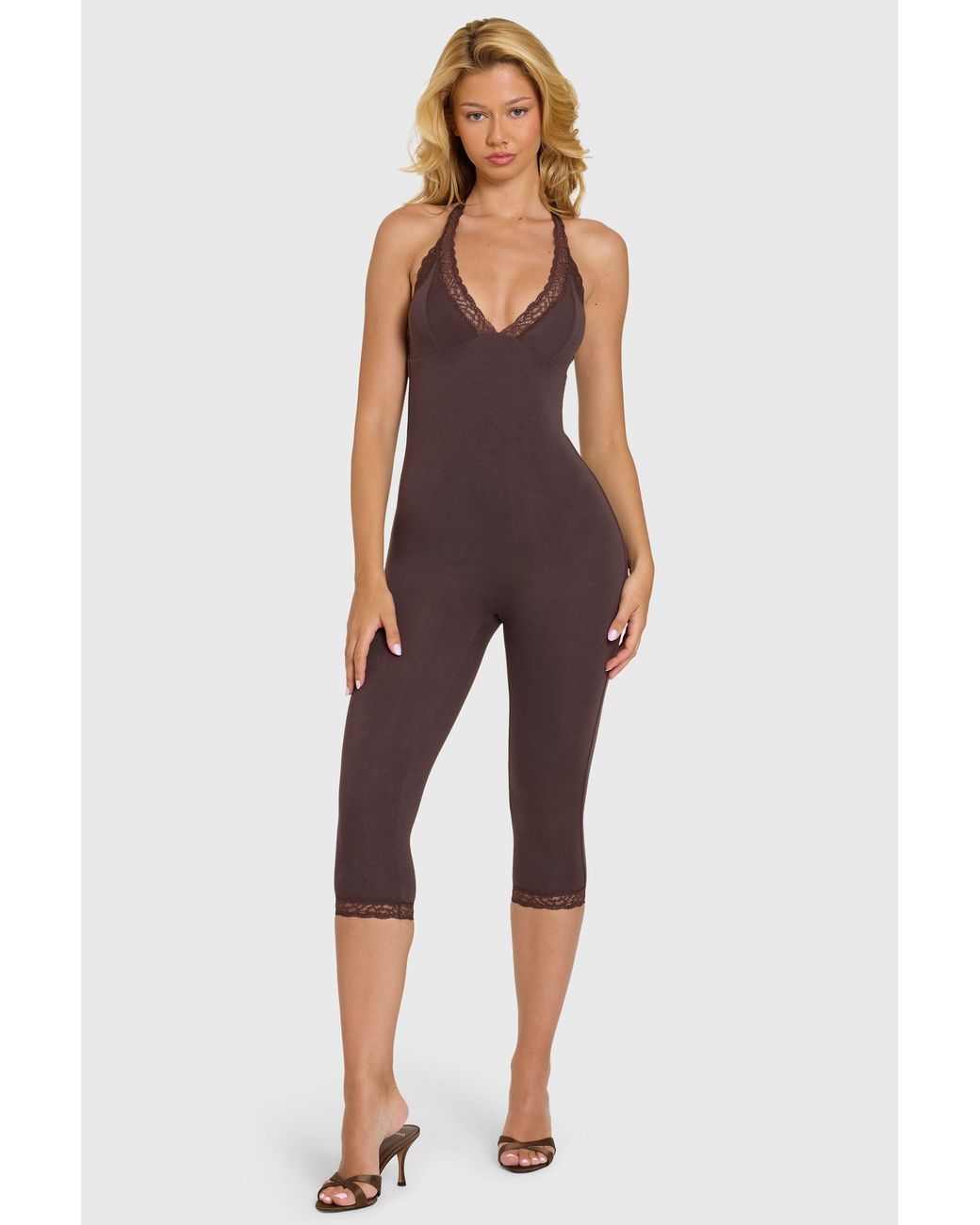 Oh Polly Brown Modal Lace-Trim Capri Jumpsuit