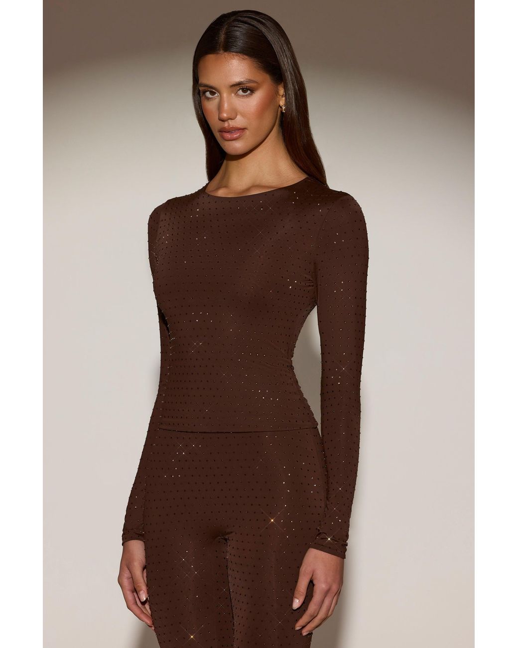 Oh Polly Brown Embellished Crew-Neck Long-Sleeve Top