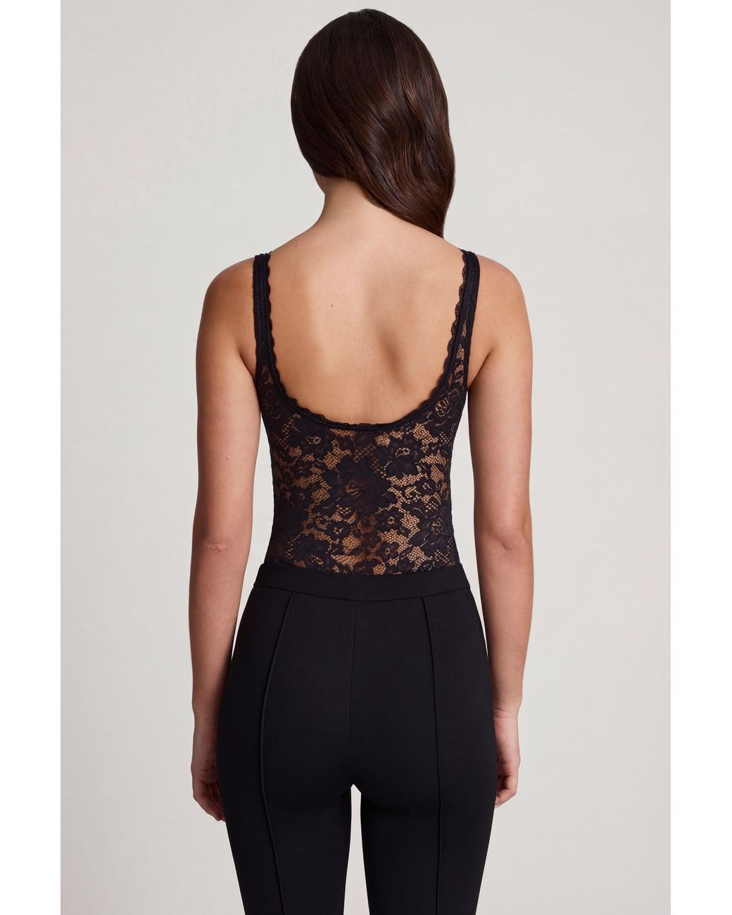 Oh Polly Black Sheer Lace Scalloped Plunge-Neck Bodysuit