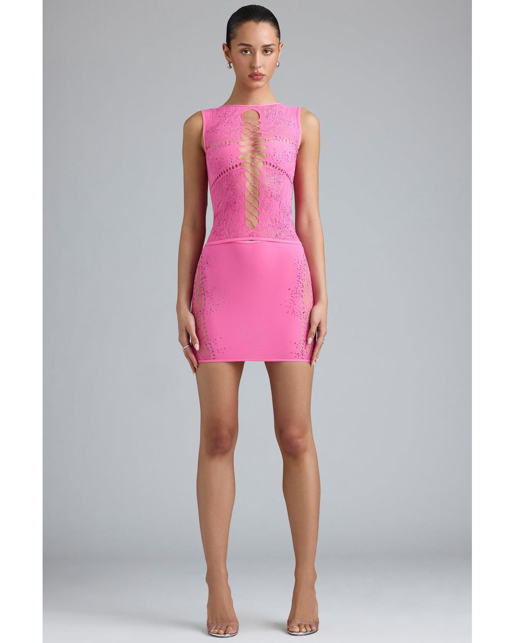 Oh Polly Pink Embellished Lace-Up High-Neck Top