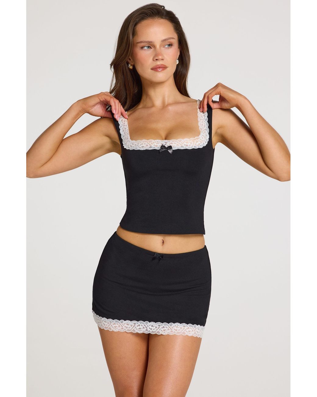 Oh Polly Black Modal Lace-Trim Top